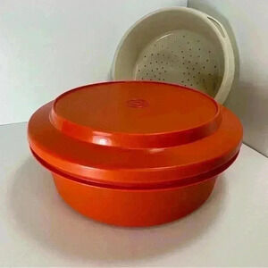 Vintage orange Tupperware seal n serve bowl 1337-15 with lid and strainer 1335-4